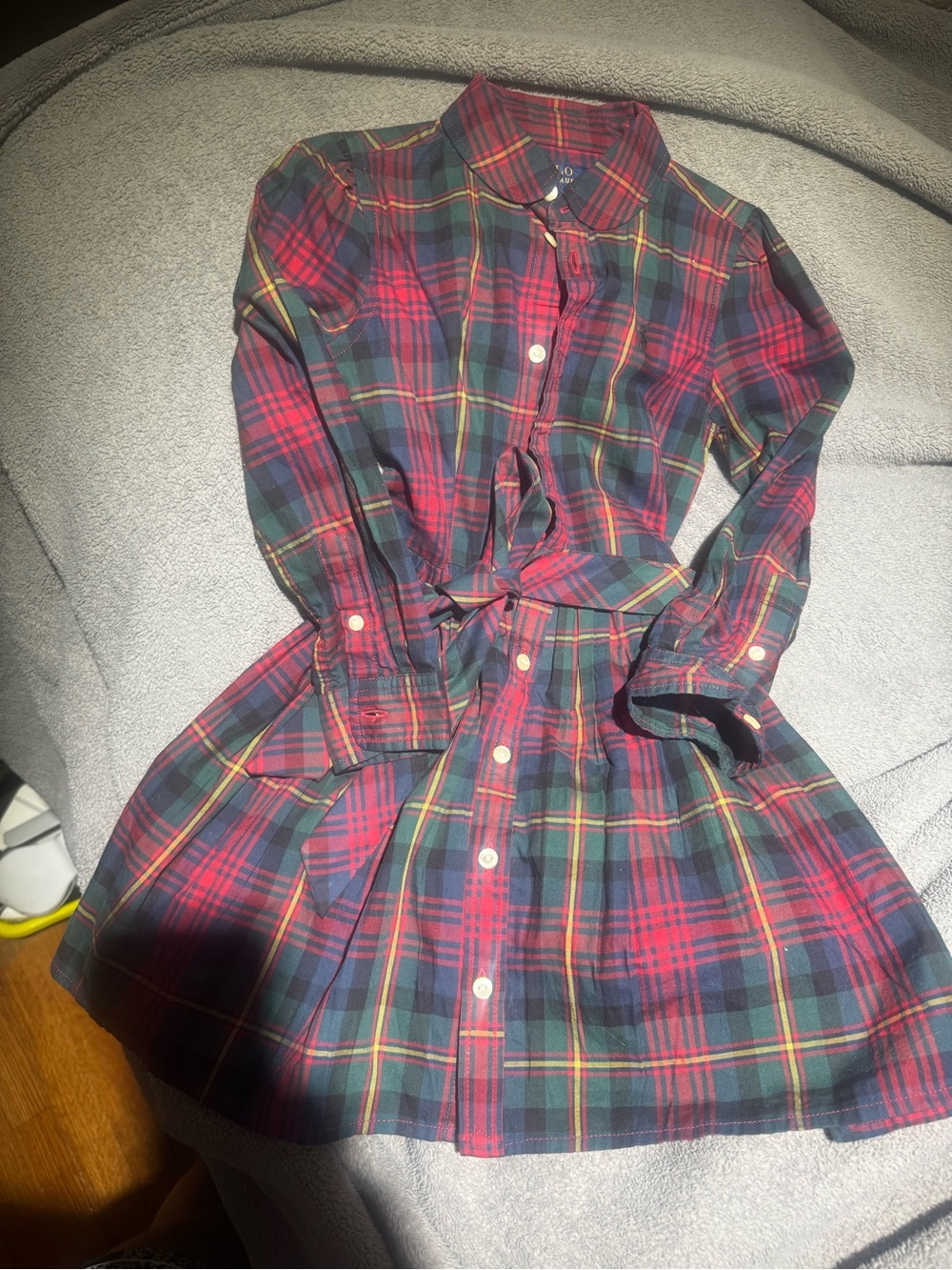Ralph Lauren Girls Plaid Button-Front Dress with Tie Waist - Red/Green